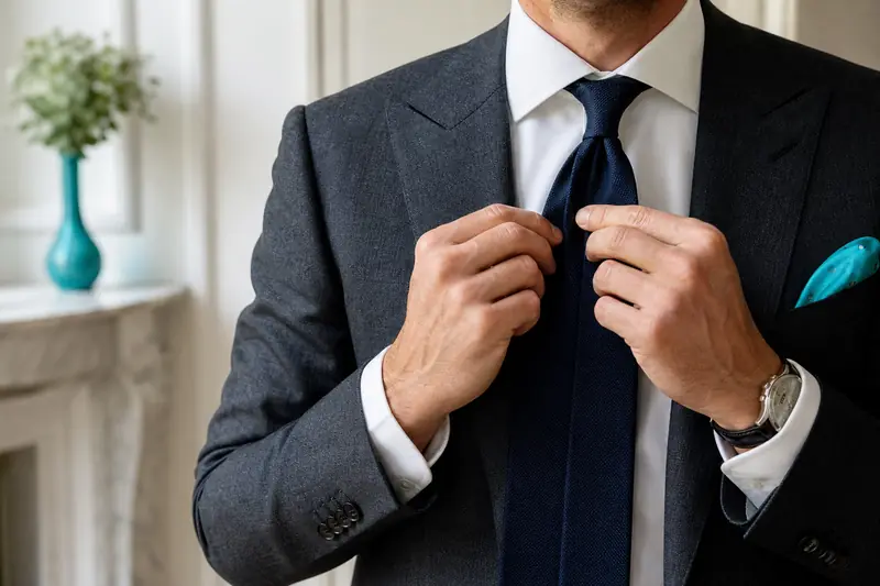 Homme ajustant un nœud de cravate avec une chemise à col italien