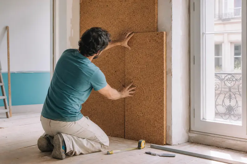 Pose de panneaux de liège pour isolation thermique intérieure d’un mur