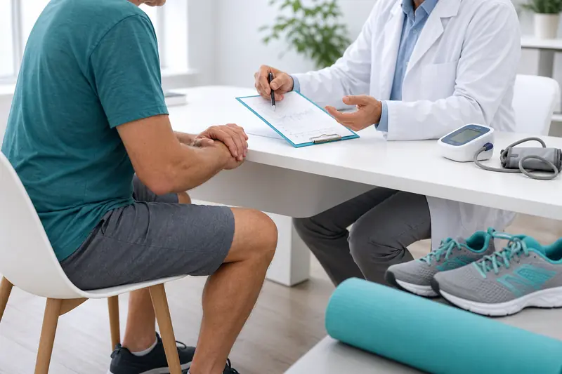 Consultation médicale avant de commencer le HIIT avec tensiomètre et équipement sportif.
