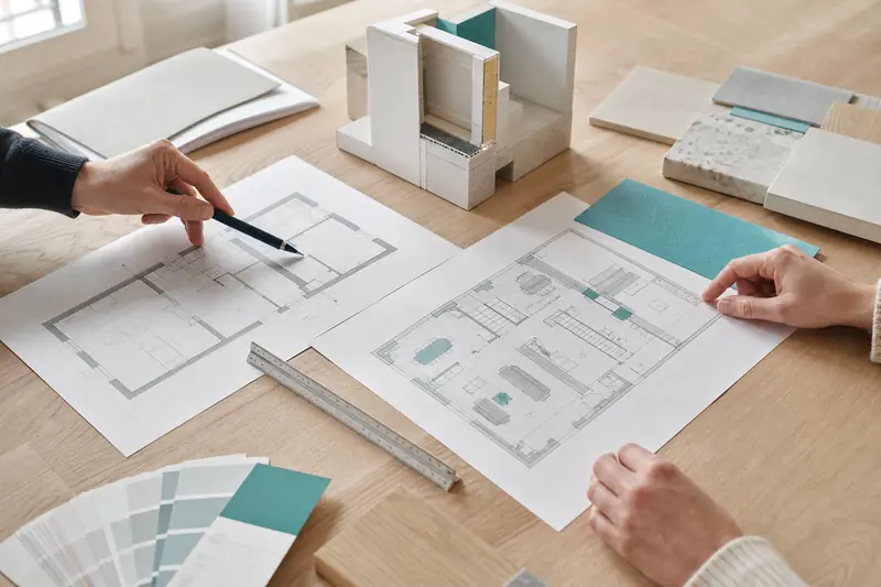 Plans d’architecte et d’architecte d’intérieur comparés sur une table de travail.