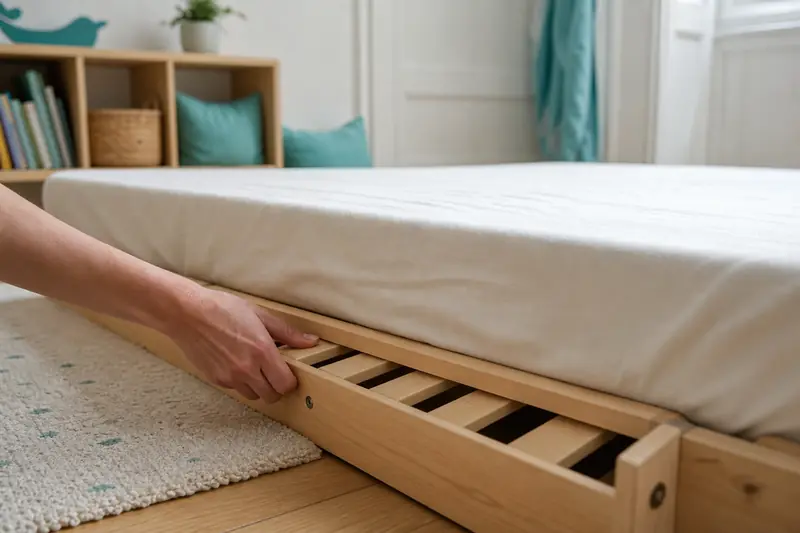 Lit Montessori bas en bois dans une chambre enfant lumineuse et sécurisée