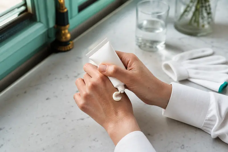 Mains appliquant une crème mains sur un plan de toilette lumineux