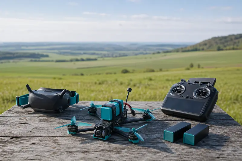 Drone FPV longue portée avec lunettes et radiocommande dans la campagne française