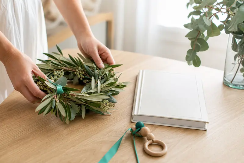 Couronne de feuillage et carnet de naissance pour illustrer le prénom Stéphane