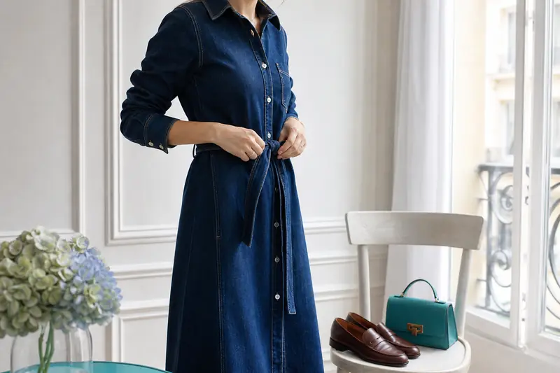Robe en jean midi indigo ceinturée dans un intérieur lumineux.