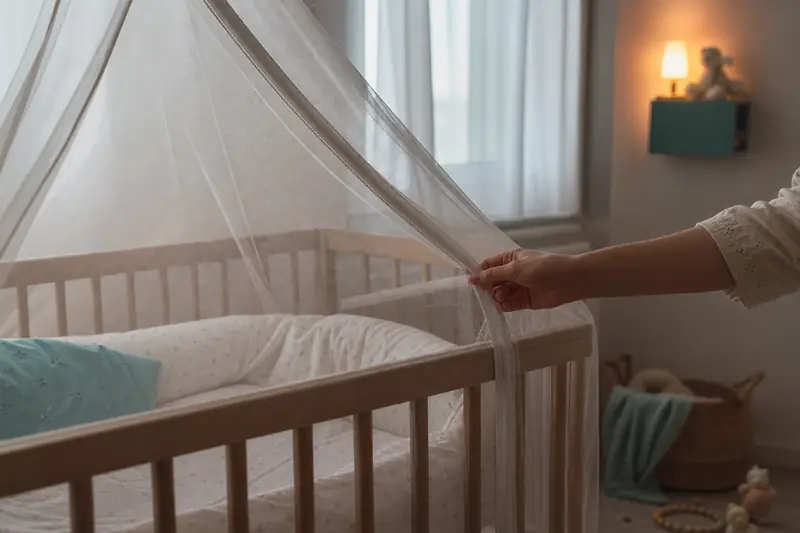 Veilleuse anti-moustique bébé près d’un lit protégé par une moustiquaire