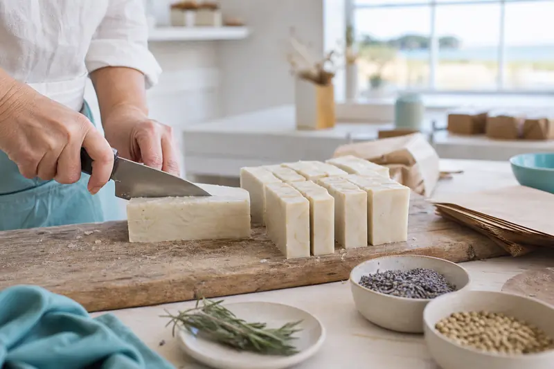 Savons artisanaux bio découpés dans un atelier de Charente-Maritime.