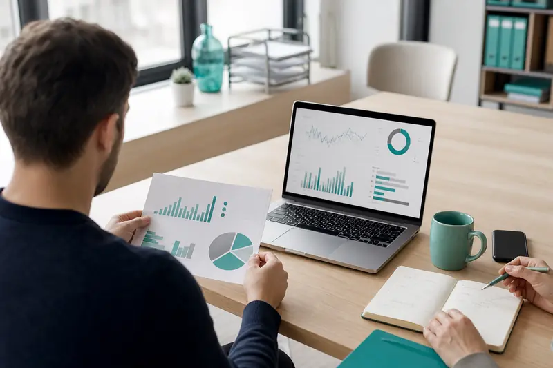 Data analyst analysant des indicateurs commerciaux sur ordinateur dans une entreprise.