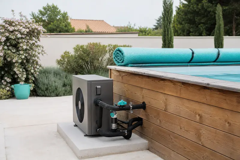 Pompe à chaleur installée près d’une piscine hors sol en bois.