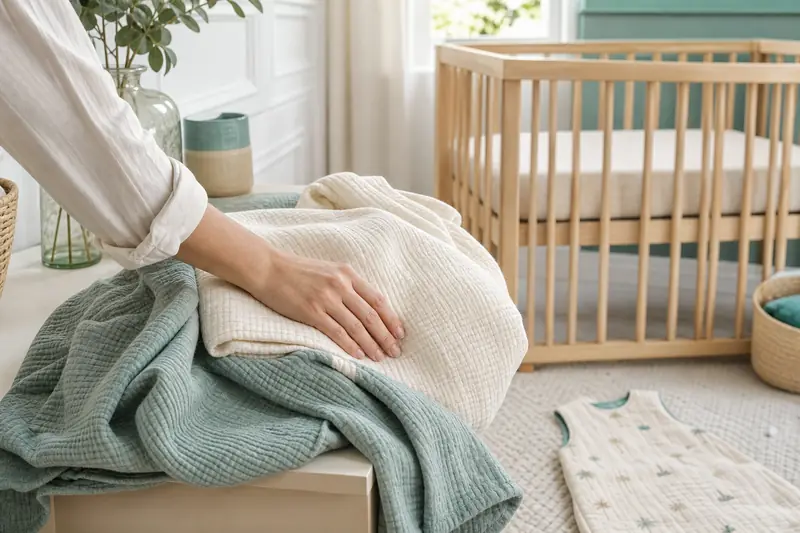 Couverture bébé vert sauge pliée près d’un lit avec gigoteuse.