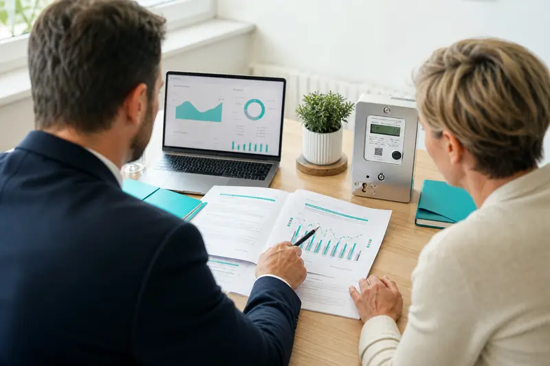 Courtier en énergie comparant des offres avec un dirigeant de petite entreprise