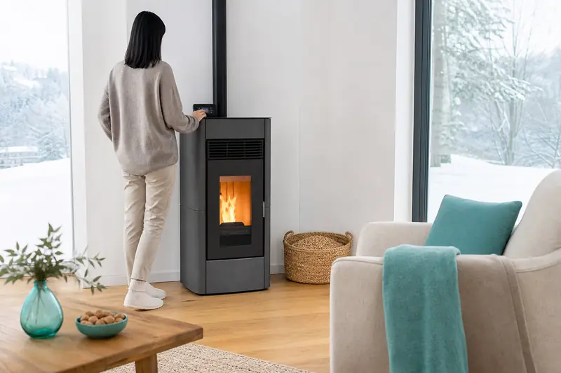 Poêle à granulés moderne dans un salon lumineux avec réserve de granulés.