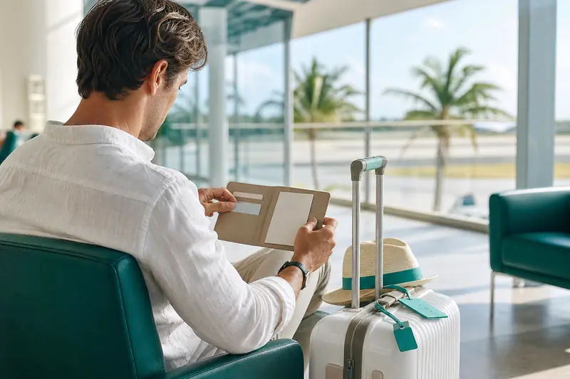 Préparation des formalités de voyage en Guadeloupe dans un aéroport lumineux