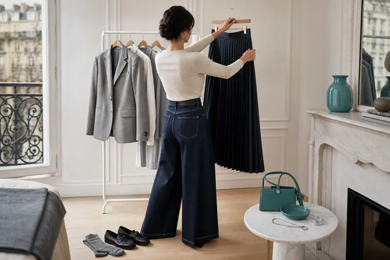 Tenue de mode coréenne femme composée d’un blazer, jean large et mocassins.