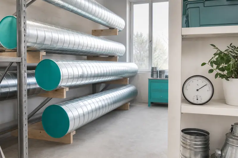 Conduits de ventilation galvanisés stockés au sec sur des supports surélevés