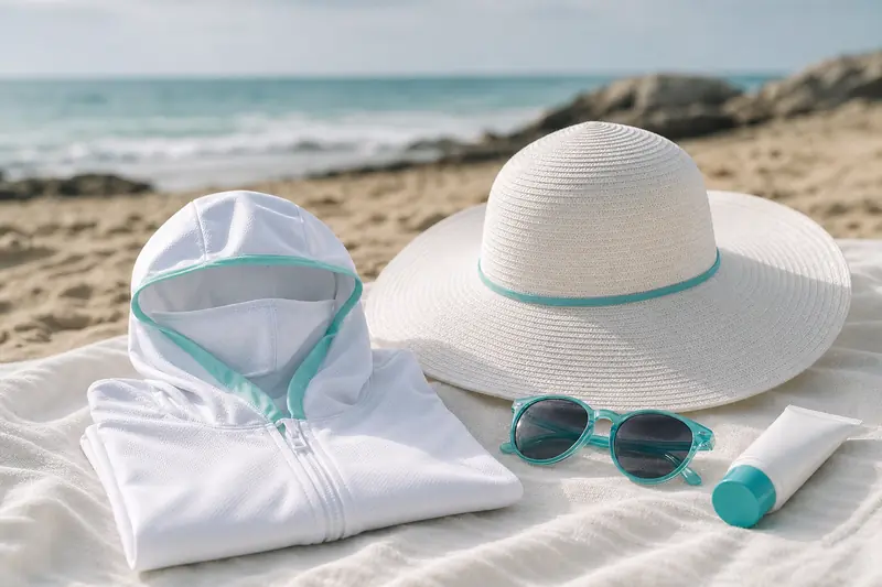 Facekini anti-UV posé près de lunettes et crème solaire sur une serviette.