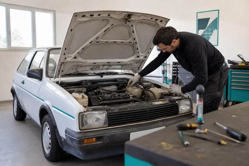 Contrôle du circuit de refroidissement d’une Peugeot 205 dans un garage.