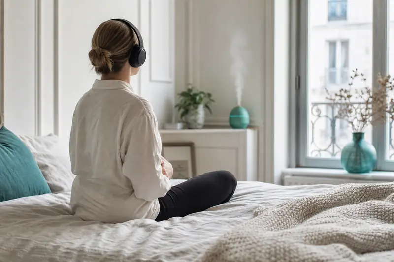 Personne pratiquant une respiration lente avec l’ASMR dans une chambre lumineuse.