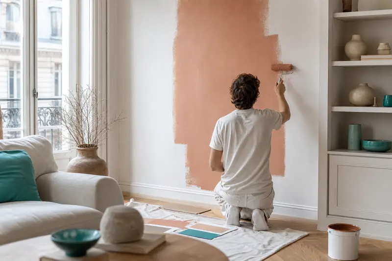 Application d’une peinture déco argile dans un salon lumineux contemporain.
