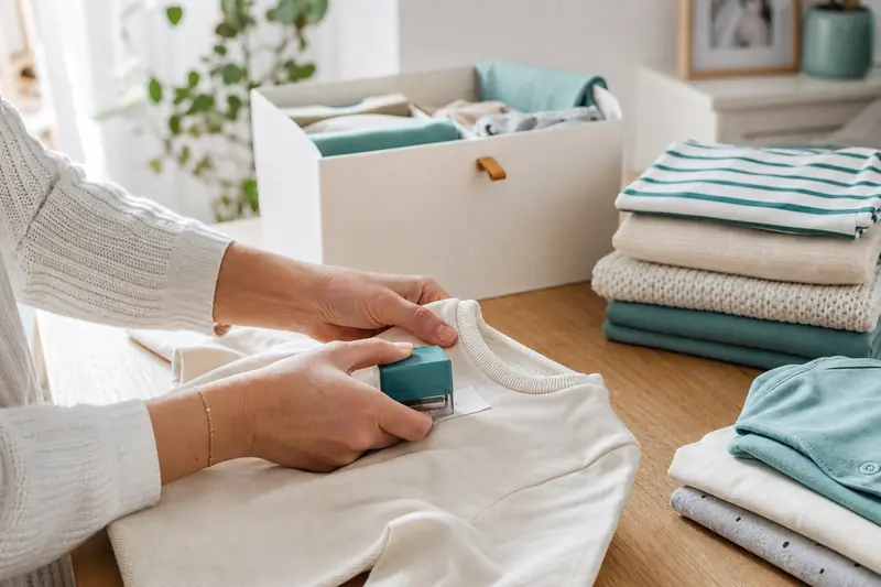 Tampon pour vêtements posé sur des habits d’enfants soigneusement pliés.