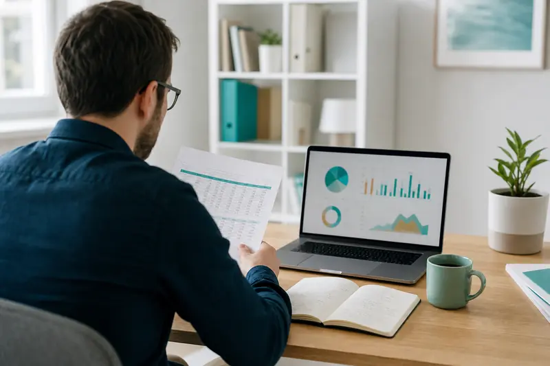 Analyste comparant des données sur ordinateur et document imprimé au bureau
