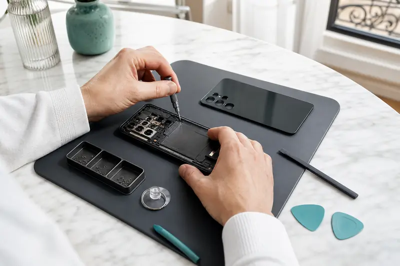 Outils de précision pour réparer un téléphone Samsung sur tapis antistatique