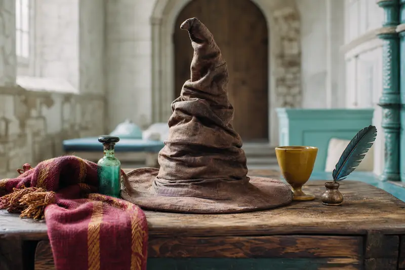 Objets symbolisant les quatre maisons Harry Potter sur une table ancienne