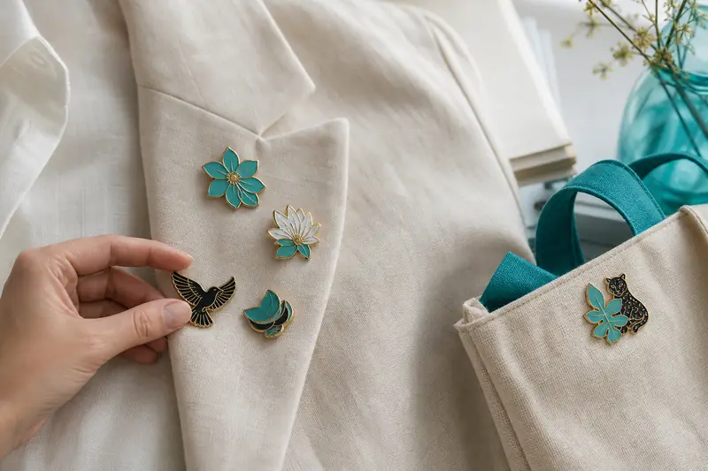 Pin’s personnalisés émaillés posés sur une veste et un sac en toile.