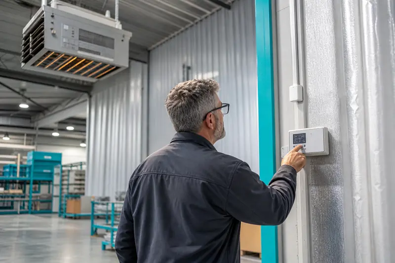 Technicien réglant un chauffage industriel dans un entrepôt lumineux.
