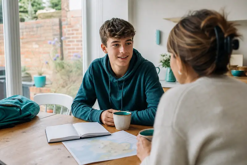 Adolescent en séjour linguistique en Angleterre discutant dans une famille d’accueil