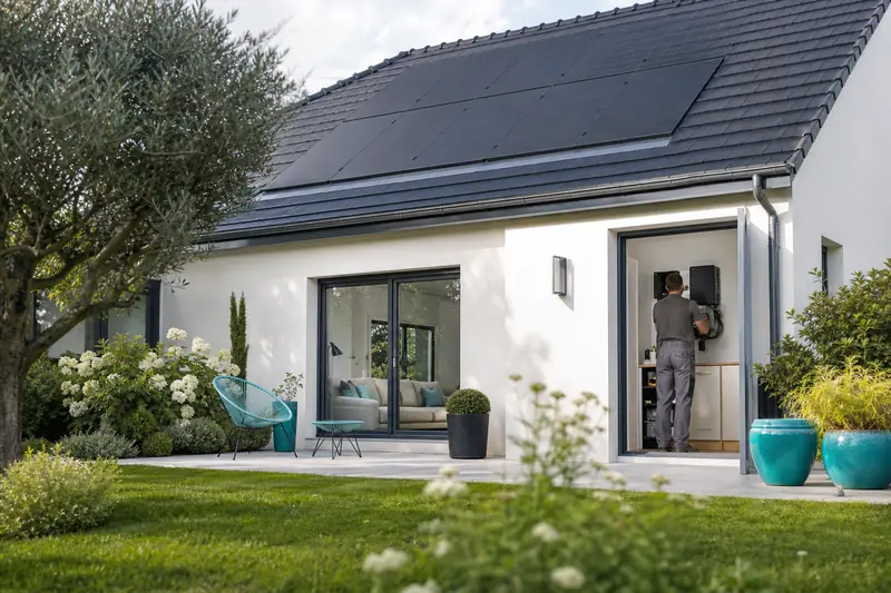 Panneaux solaires photovoltaïques installés sur la toiture d’une maison avec jardin.