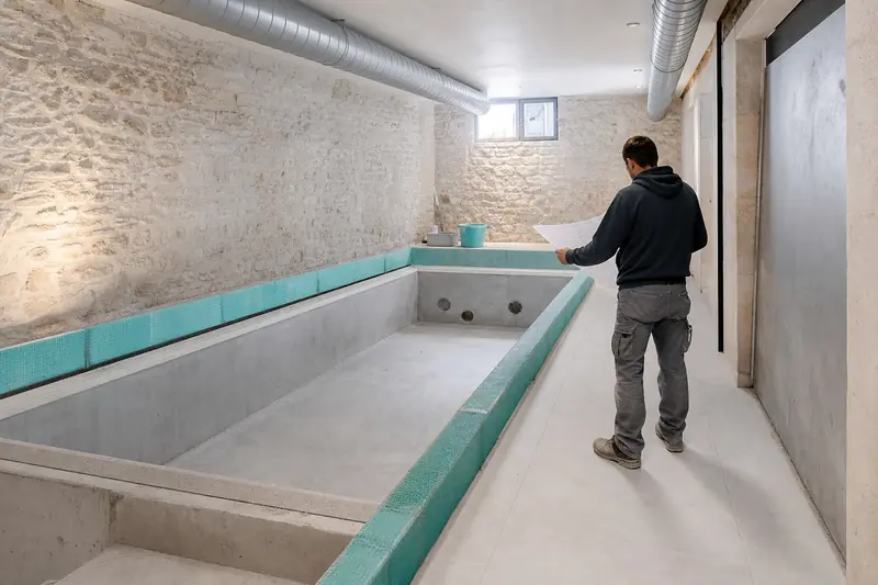 Piscine intérieure en construction dans une cave rénovée avec ventilation technique visible.