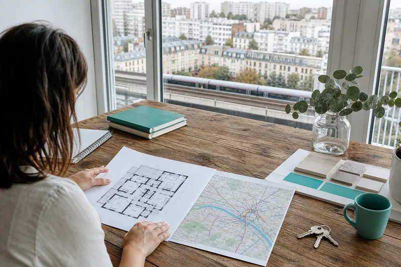Projet immobilier en Île-de-France avec plans, clés et quartier résidentiel en arrière-plan
