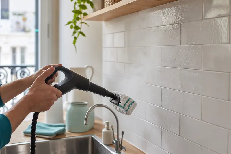 Nettoyeur vapeur nettoyant les joints d’un carrelage de cuisine.