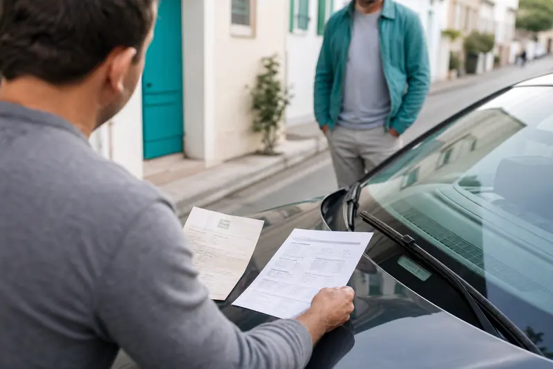 Acheteur vérifiant les documents d’une voiture d’occasion devant le véhicule