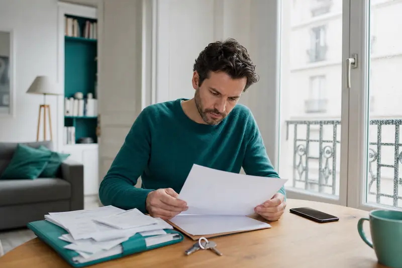 Contrat d’assurance habitation, clés et justificatifs sur une table lumineuse.