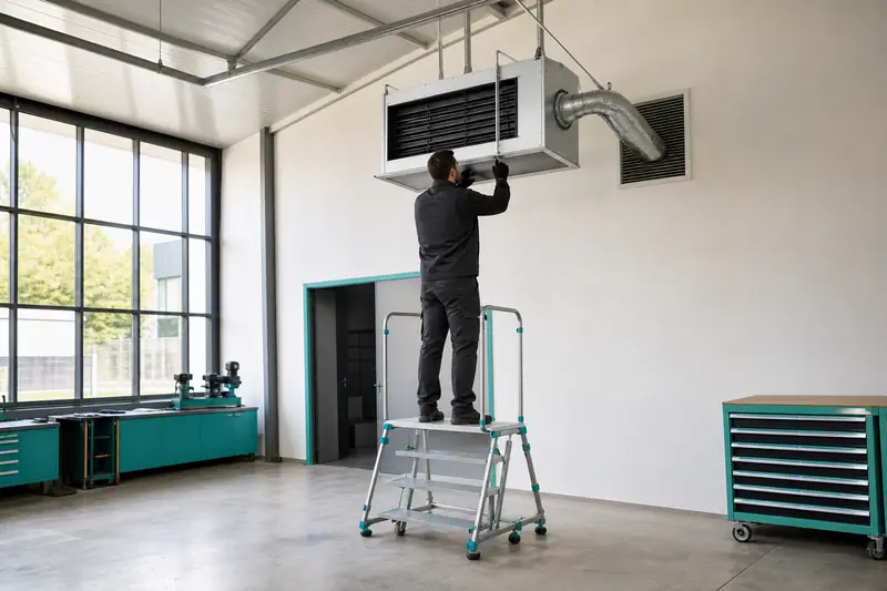 Aérotherme gaz suspendu et conduit d’évacuation dans un atelier français lumineux