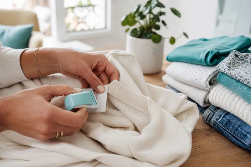 Tampon pour vêtement appliqué sur l’étiquette intérieure d’un pull d’enfant.