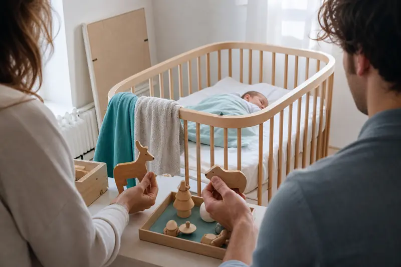 Parents choisissant un prénom féminin allemand près du lit de leur bébé.