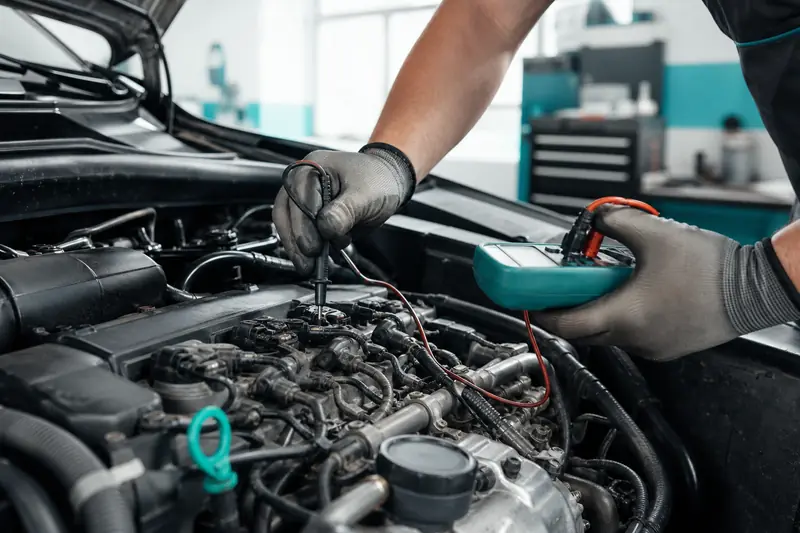 Mécanicien contrôlant les bougies de préchauffage d’un moteur diesel avec un multimètre