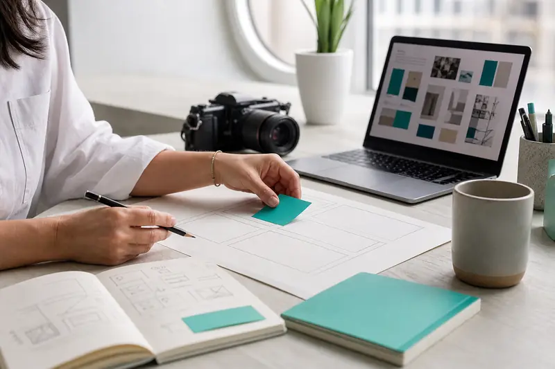 Créatrice planifiant une stratégie de contenu web sur ordinateur et carnet
