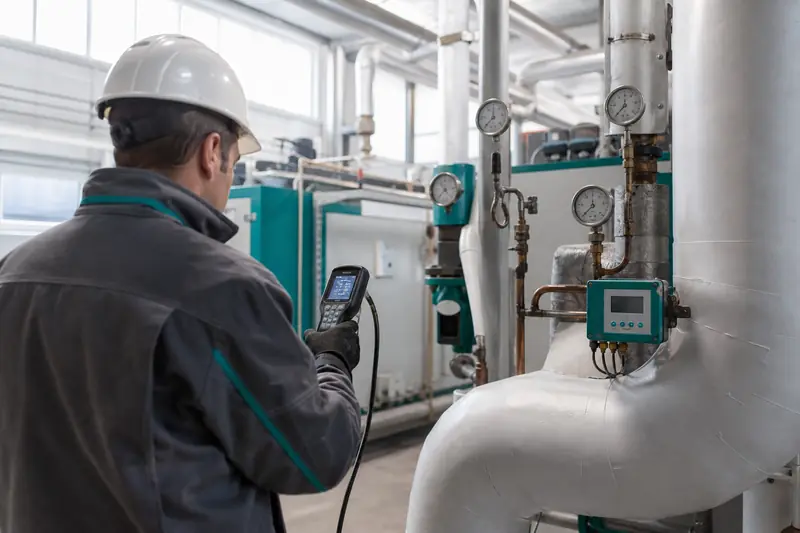 Technicien réalisant un test de performance dans une chaufferie industrielle.