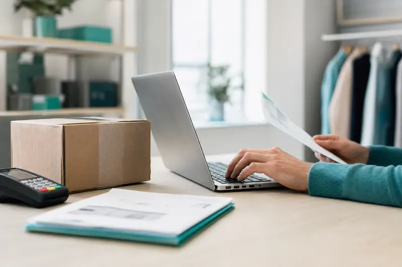 Entrepreneur analysant un chargeback Visa sur ordinateur avec colis et terminal de paiement
