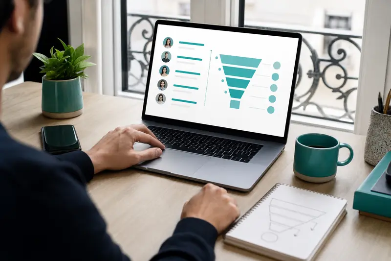 Professionnelle préparant une stratégie de social selling sur ordinateur portable