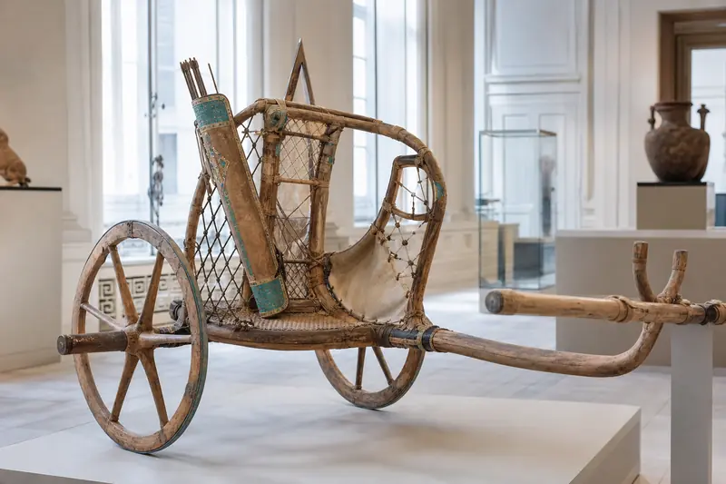 Reconstitution d’un char égyptien léger à deux roues dans un musée.