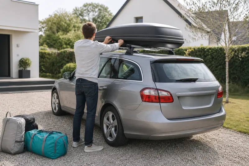 Installation d’un coffre de toit sur les barres d’une voiture familiale.