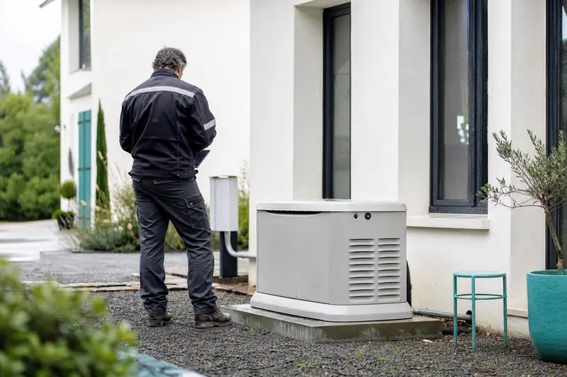 Installation d’une génératrice résidentielle automatique par un électricien dans un jardin