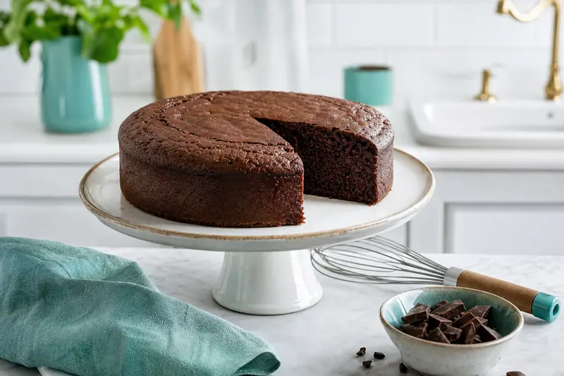 Gâteau au chocolat facile et rapide, moelleux, découpé sur un plat en céramique