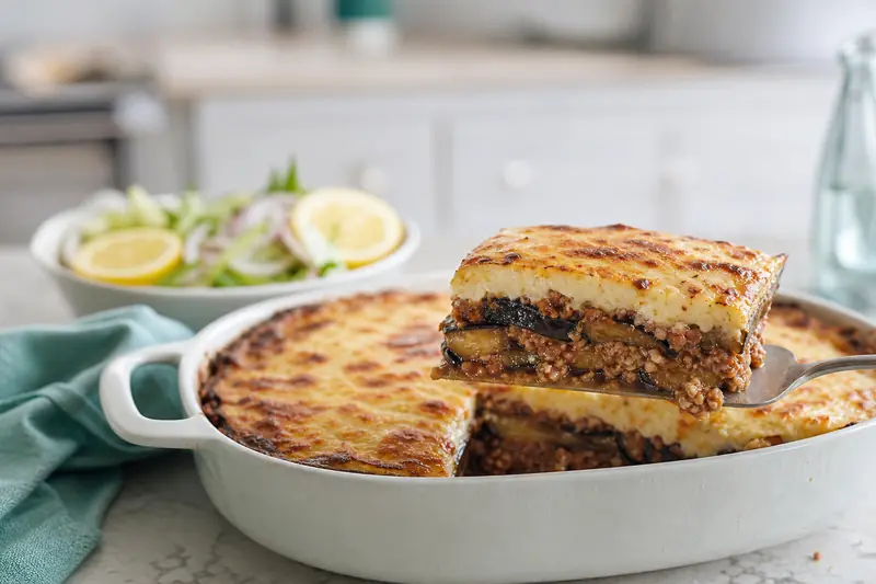 Part de moussaka facile aux aubergines, viande hachée et béchamel dorée.