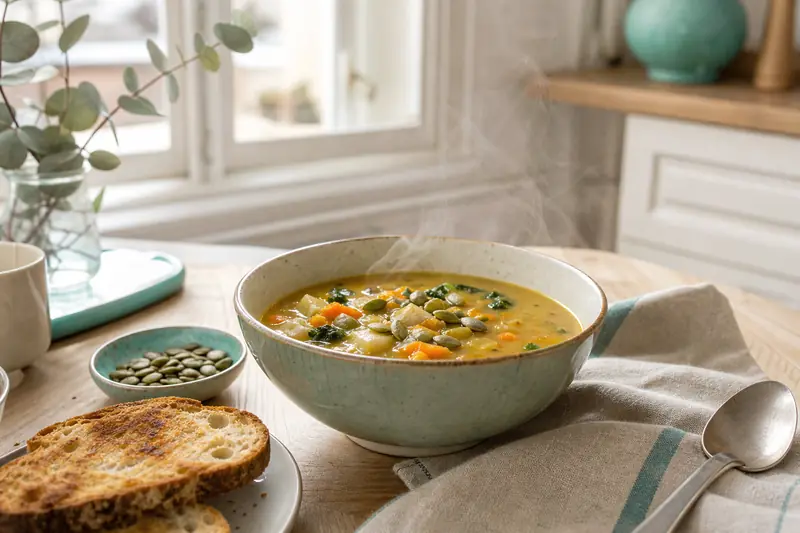 Bol fumant de soupe réconfortante servi pour une soirée cocooning.
